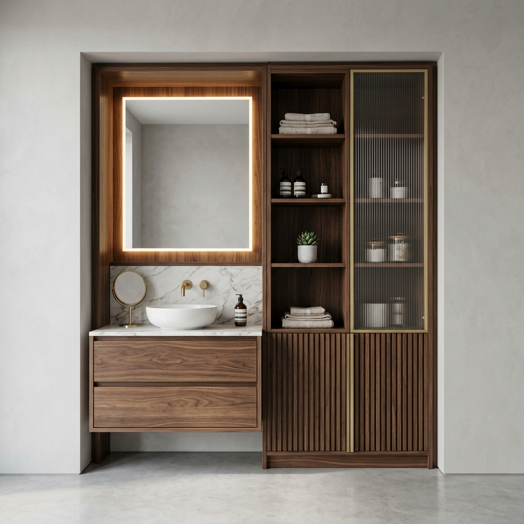 Современная ванная с деревянными элементами