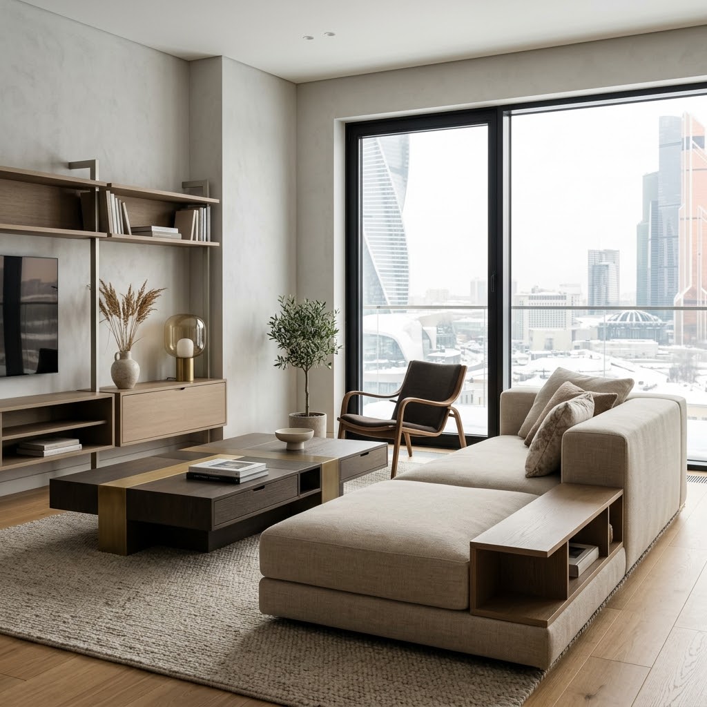 Современная гостиная с ТВ-зоной и стеллажом